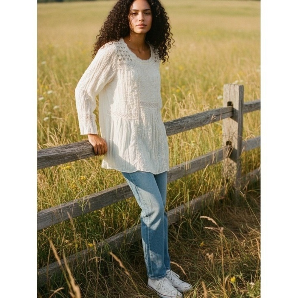 NWT V Christina Cream Embroidered Lace Crinkle Gauze Tunic Blouse‎ Boho Top